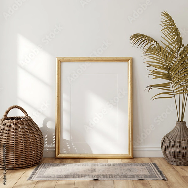 Obraz Empty wooden frame leaning against a white wall with natural light and decor