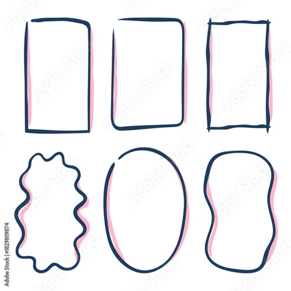Obraz Simple vector illustration. Vertical rectangular, oval frames in doodle style. Abstract set of templates.