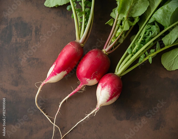 Obraz Freshly harvested radishes with green tops on a dark textured background