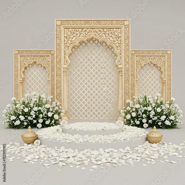 Obraz Ornate Wedding Archway with White Flowers and Petals on White indian decor isolated on a transparent background