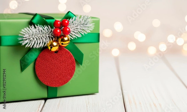 Obraz Christmas gift box with decor and a round tag on the background of festive lights. The perfect place for Christmas discounts, Christmas sales, and Black Friday promotions.