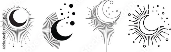 Obraz Set Of Minimal Crescent Moon with Radiating Ink-Line Rays and Dots