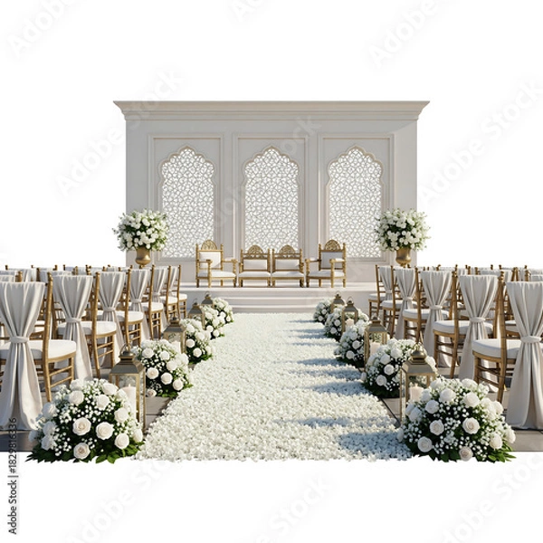 Obraz Wedding Ceremony Setup with Chairs, Flowers, and Ornate Backdrop white isolated on a transparent background