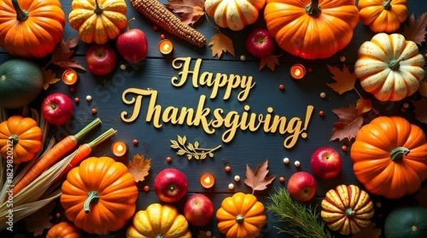 Fototapeta Happy Thanksgiving banner with an elegant arrangement of pumpkins, fall vegetables, dried branches, and autumn leaves on dark textured wood