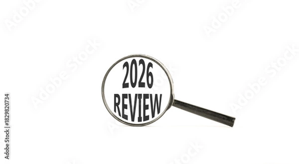 Fototapeta 2026 Review symbol. Concept words 2026 Review on beautiful white paper. Black magnifying glass. Beautiful white paper background. Business and 2026 review concept. Copy space.