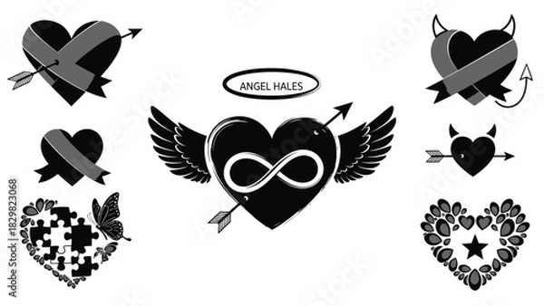Fototapeta Collection of heart designs with wings arrows and devilish elements in black and white