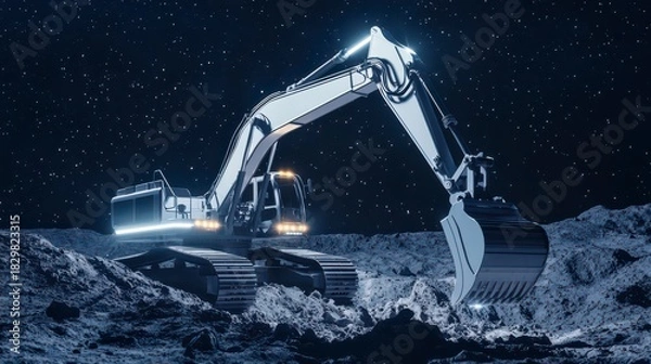 Fototapeta A futuristic excavator operates on a lunar surface, illuminated by stars, showcasing advanced technology in a cosmic landscape.
