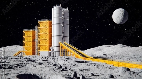 Fototapeta A futuristic lunar base with yellow structures and a moon in the background, set against a starry sky on the moon's surface.
