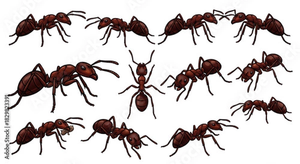 Fototapeta Detailed depiction of a group of ants with realistic rendering on a transparent background