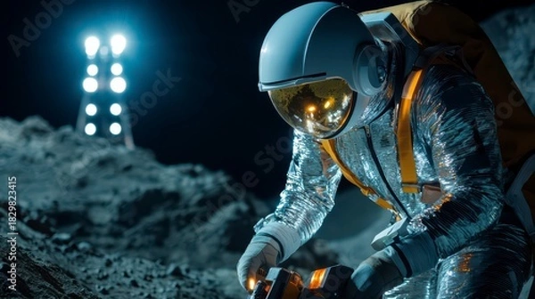 Fototapeta An astronaut examines the lunar surface under a bright light, showcasing a futuristic space exploration scene.
