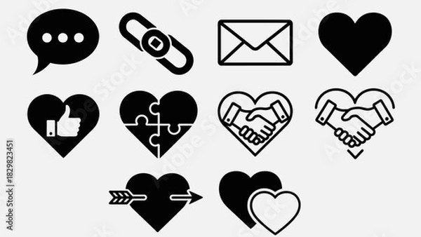 Fototapeta Social media icons set with hearts links mail and handshake symbols
