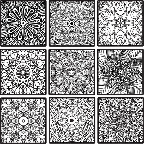 Fototapeta Colorful floral seamless pattern from squares with mandala in patchwork boho chic style in portuguese and moroccan motif