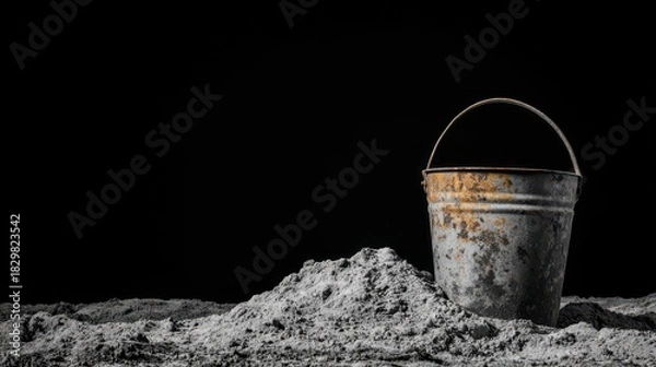 Fototapeta A weathered metal bucket sits on a mound of gray sand against a stark black background, creating a striking contrast in this minimalist composition.