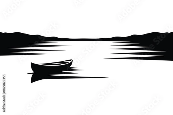 Obraz A tranquil lake with a small boat silhouette vector art illustration