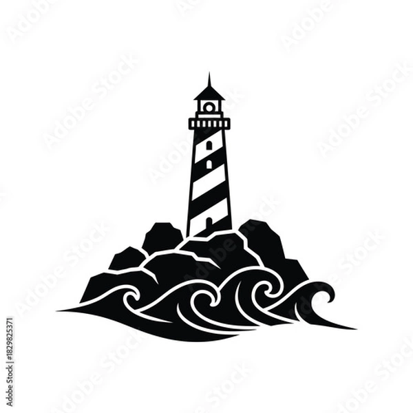 Fototapeta Lighthouse on rocky coastal cliffs with waves crashing silhouette vector illustration