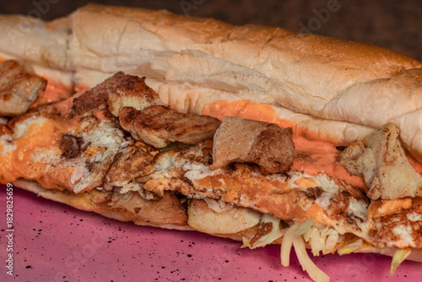 Obraz Long sandwiches with chicken breast, eggs, cabbage, cheese and dressing on plate