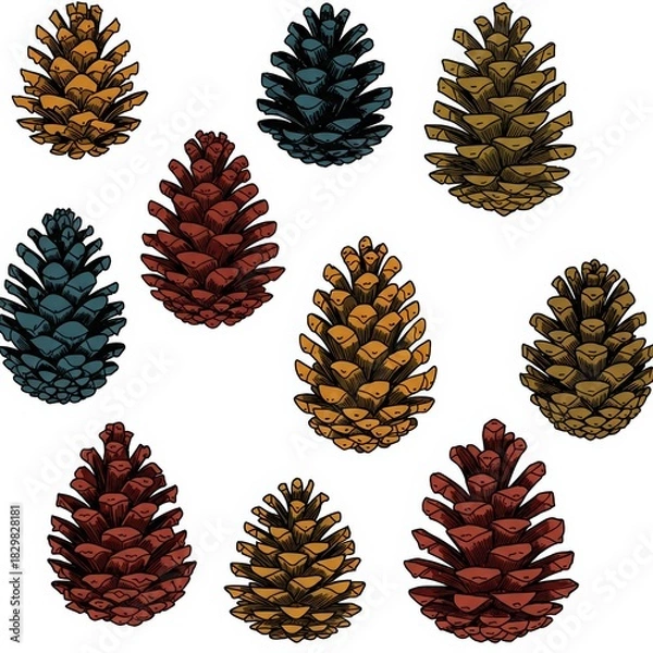 Fototapeta Illustration, set of pine cones in different colors on white background. Christmas tree decoration, traditional element in winter decor, print
