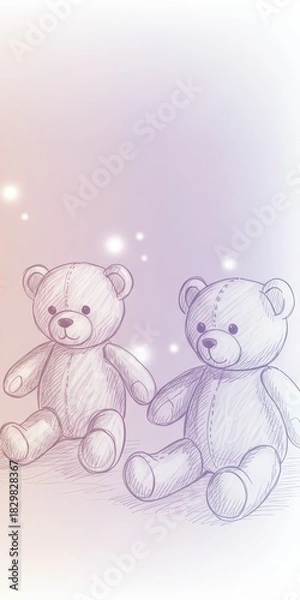 Obraz Illustration in subtle pencil drawing sketch style. Two teddy bears in dreamy pink setting with sparkles and lights. Vertical background with copy space. Children's room decoration, nursery. Toy shops