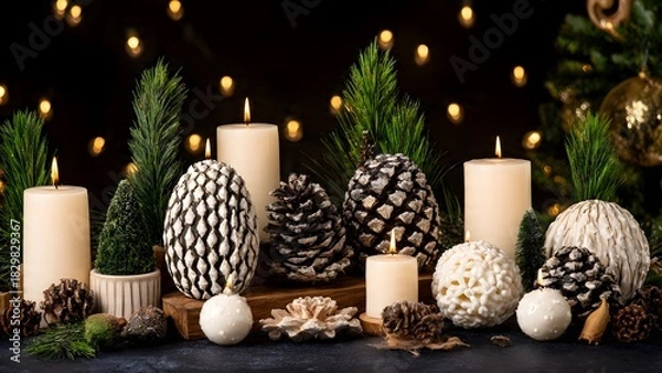 Fototapeta A cozy natural Christmas setting featuring textured candles, black and white painted pine cones, and fresh green pine boughs, illuminated by soft golden bokeh.