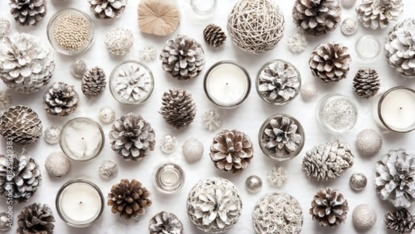 Fototapeta Detailed top-view holiday pattern of white candles, frosted pine cones and silver glitter ornaments on a bright minimalist background.