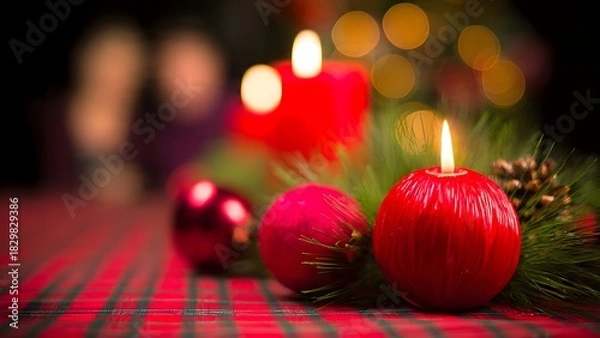 Fototapeta Close-up of a festive Christmas table setting featuring lit red candles and pine ornaments on a tartan plaid cloth with a blurred family enjoying dinner in the background.