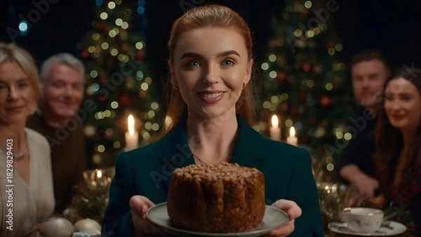 Fototapeta A smiling young woman holds a festive nut-topped cake, sharing it with guests at an elegant Christmas dinner, illuminated by soft candlelight and tree lights.