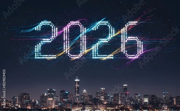 Fototapeta A dazzling, colorful drone light show forms the year "2026" in the night sky with vibrant light trails over a sparkling city skyline.