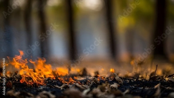 Fototapeta Small intense flames consume dry leaves and debris on a scorched forest floor, symbolizing wildfire danger, climate change, and environmental destruction in a dark atmospheric scene.