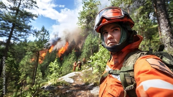 Fototapeta Portrait of a brave firefighter in a helmet and goggles with a serious expression, standing in a green forest with a wildfire raging in the background.