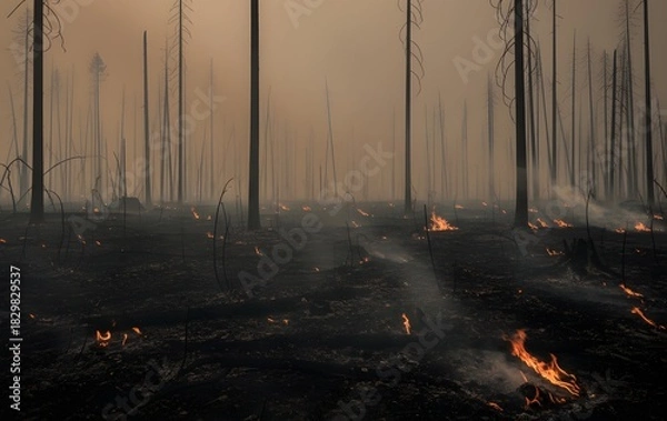 Fototapeta Eerie post-apocalyptic scene of a burned forest with standing dead trees, black ground and small fires glowing through heavy smoke and haze.