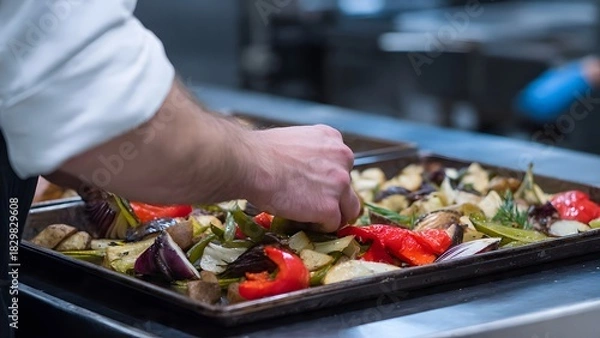 Fototapeta A chef's hand carefully places red peppers and assorted roasted vegetables on a metal tray, demonstrating culinary skill in a modern professional kitchen environment.