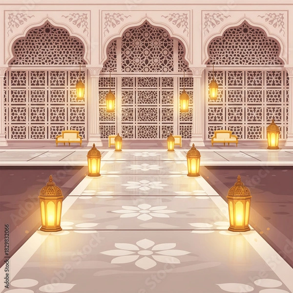 Obraz Ornate Hallway With Arches Lanterns And Decorative Floor Pattern interior architecture isolated on a transparent background