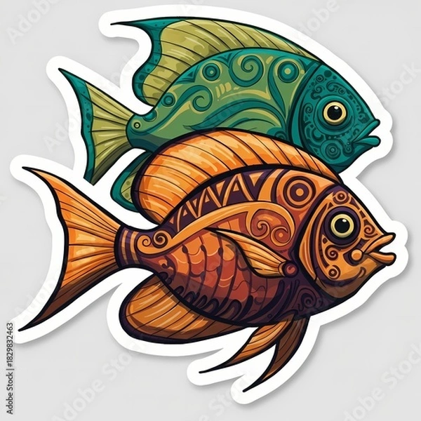 Obraz Sticker style illustration of tropical fish, underwater theme, in style of tribal art, bold patterns. Decoration for children's room. Print for kid's birhtday or elementary school flashcards