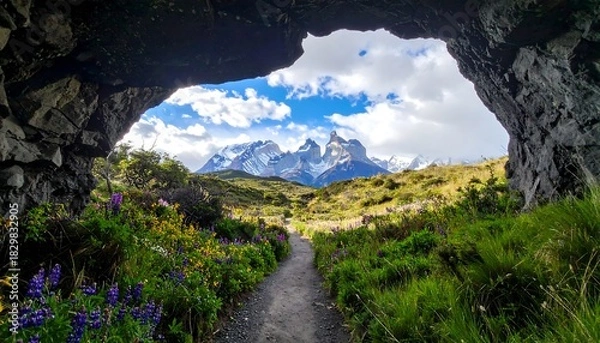 Obraz Mountain vista framed by a rocky cave, with colorful wildflowers lining the path