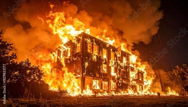 Obraz Multi-story building engulfed in a fiery blaze at night, with intense flames and smoke billowing upward