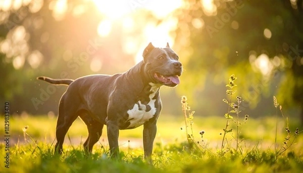 Obraz Muscular dog stands in field, bathed in warm sunlight. Tongue out, tail wagging, joyful presence in natural environment