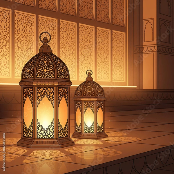 Obraz Two Ornate Lanterns Casting Light On A Tiled Floor Islamic Arabian isolated on a transparent background
