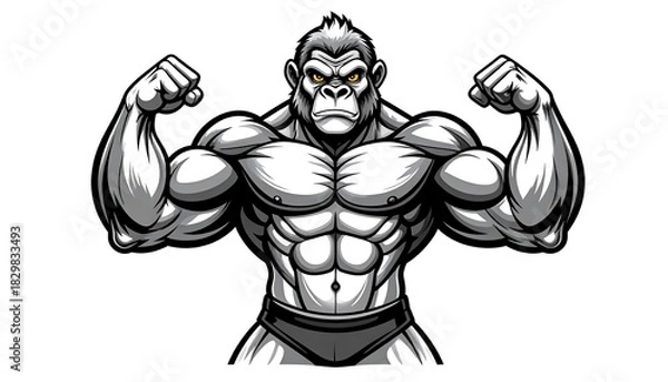 Obraz Muscular gorilla illustration flexing, with defined muscle details in gray shades, over a white background
