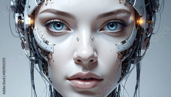 Fototapeta Futuristic Cyborg Portrait: A close-up view of a cyborg, a blend of human and machine. With intricate metallic components delicately interwoven with natural skin, creating a fascinating contrast.