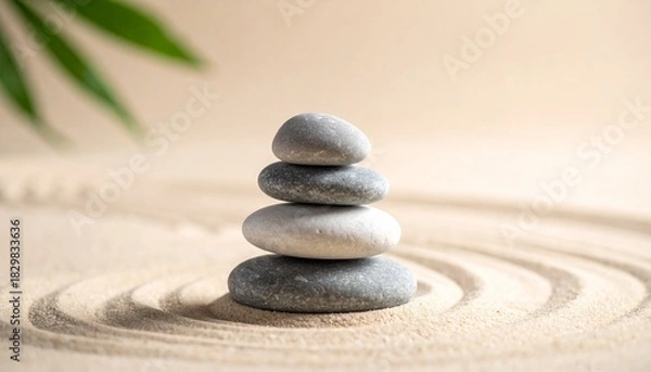 Fototapeta Zen Stone Balance: The image captures a serene composition of four carefully balanced stones stacked artfully against a backdrop of meticulously raked sand, conveying an atmosphere of tranquility. 