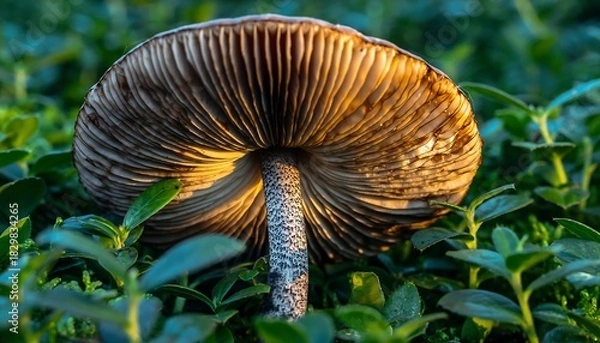 Obraz Mushroom gills close up in natural light. Bottom perspective among green vegetation, soft background