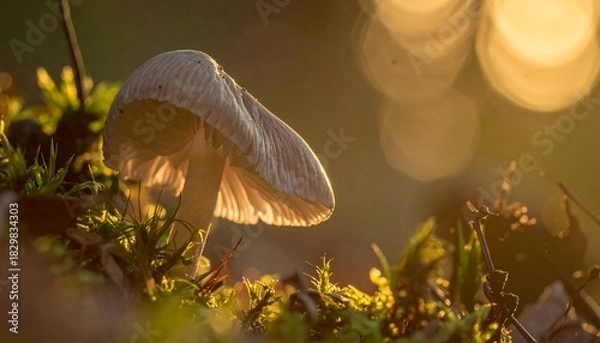 Obraz Mushroom in forest, backlit by sunlight