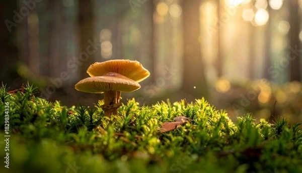 Obraz Mushroom sits on bright green moss, trees blurring in the background, glowing with soft sunlight