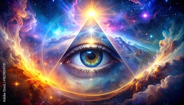 Obraz Mystical eye inside a triangle, surrounded by colorful cosmos with nebulae, stars, and cosmic clouds