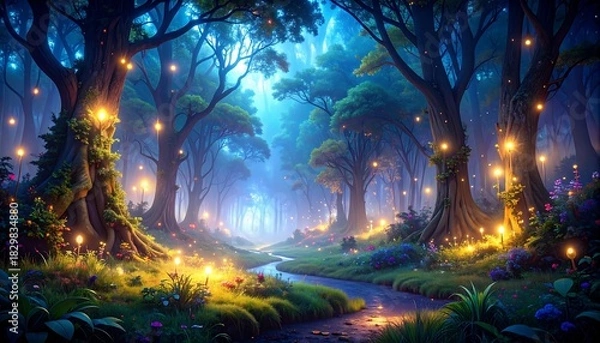 Obraz Mystical forest at twilight, glowing with fairy lights and flowing with a small stream