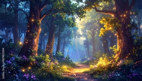 Obraz Mystical forest path glows with warm light among tall trees and blooming flowers in fantasy style illustration