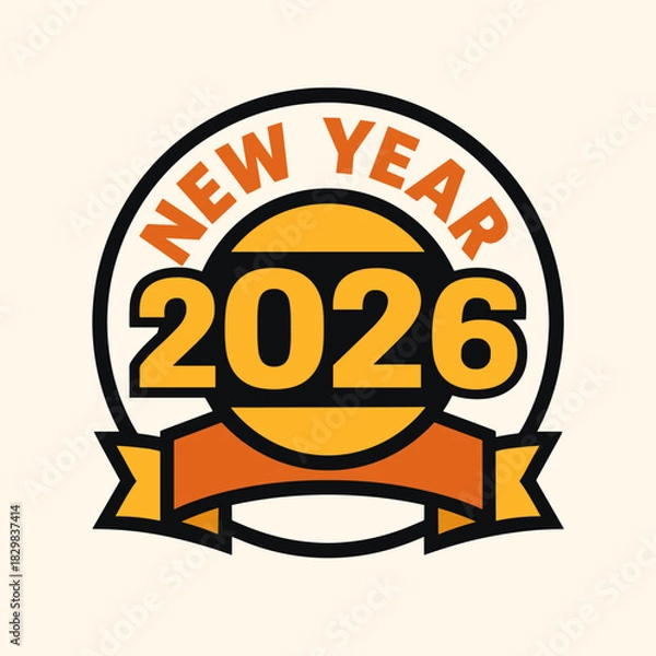 Fototapeta New Year 2026 Celebration Badge Design With Ribbon And Retro Typography Style

