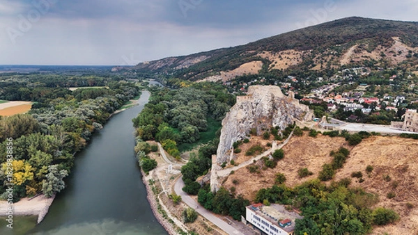 Fototapeta Aerial View of Medieval Devin Castle Ruins on Limestone Cliff