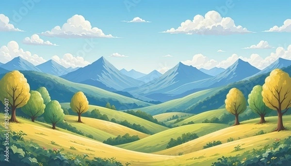 Obraz Bright Summer Mountain Valley Cartoon Landscape