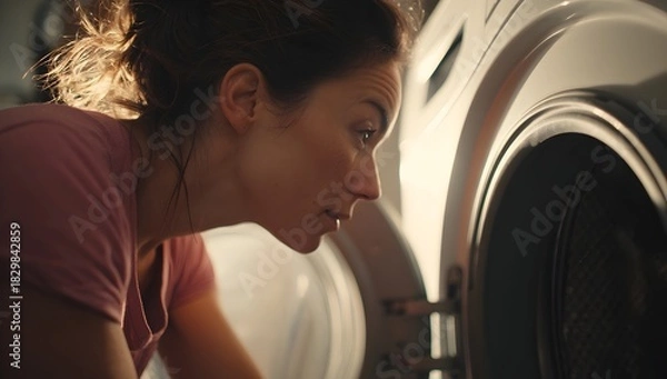 Obraz Young woman looking into a washing machine at home, symbolizing daily routine, household chores, laundry care, modern lifestyle, focus, responsibility, and everyday domestic life.